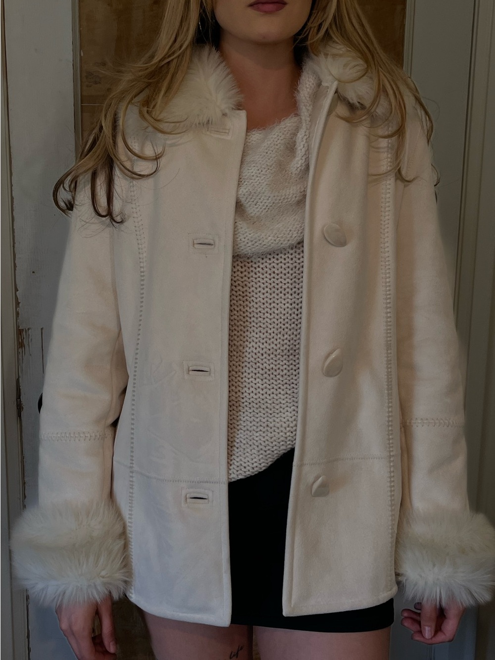 Women’s Cream Faux-Fur Trim Coat